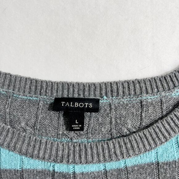 Talbots Crew Neck Sweater Woman's L 30% Lambswool Cable Knit Teal Grey Stripe - Picture 2 of 10